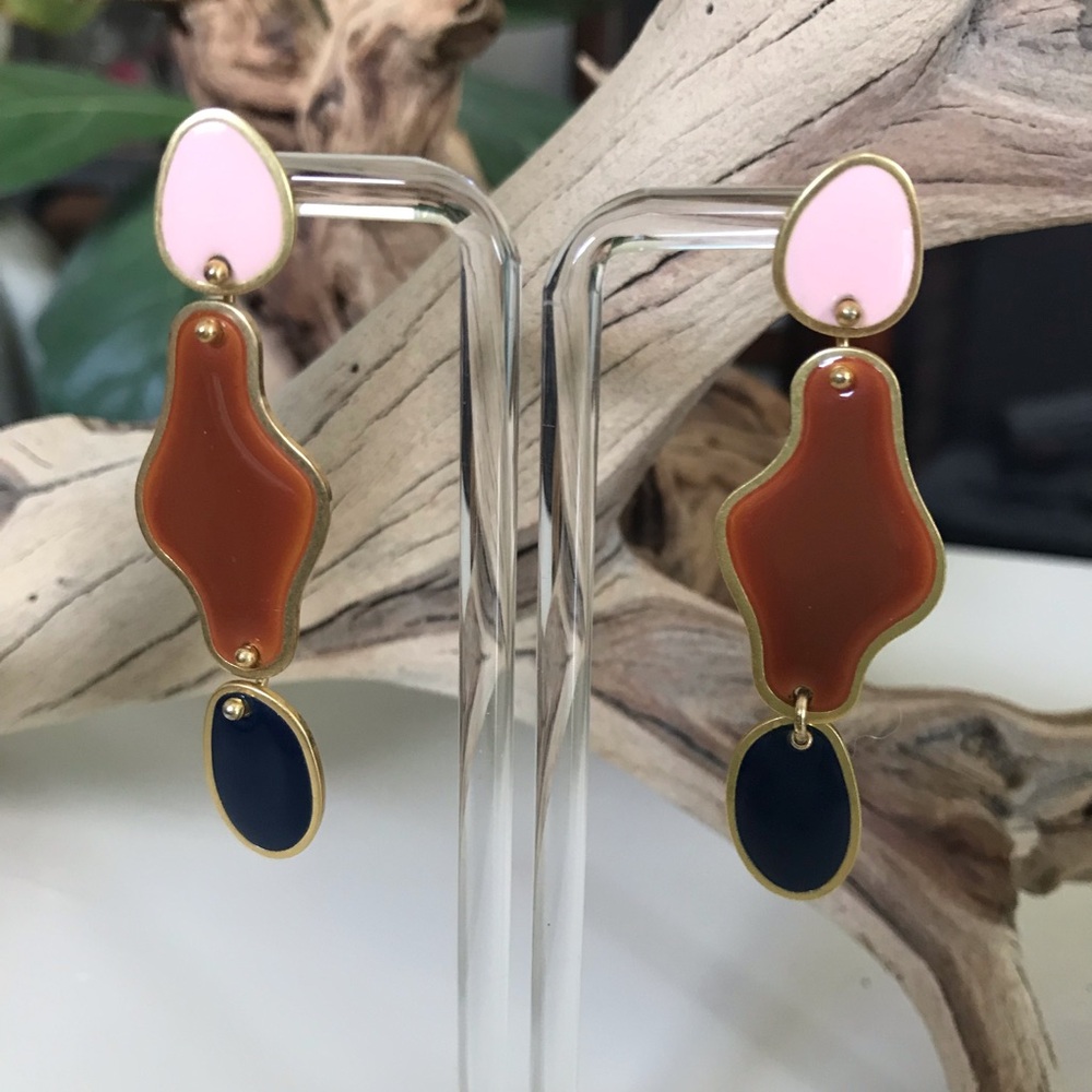 Freeform Statement 2 1/2”Dangle Earrings Madewell Pink, Brown & Navy Whimsy Fun